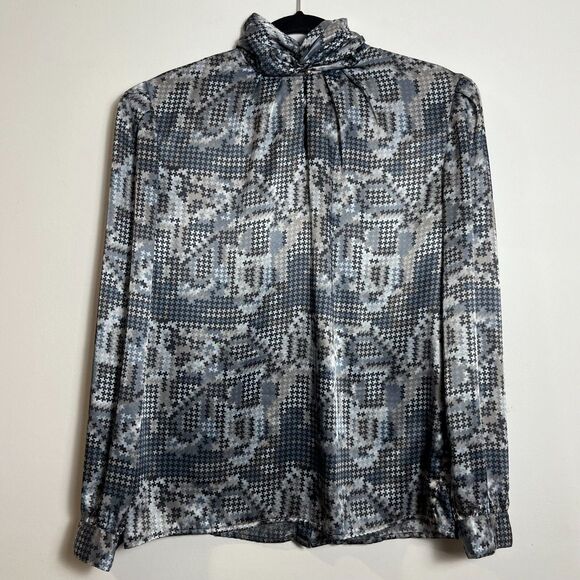Vintage Stuart Lang Satin Geometric Houndstooth Turtleneck Secretary Blouse Sz L - Picture 3 of 4